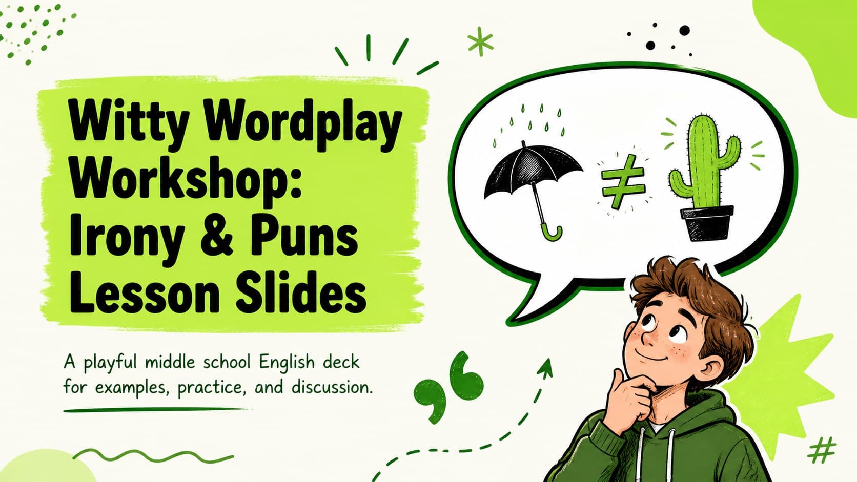 Cover slide introducing irony and puns lesson slides with playful green classroom illustrations.
