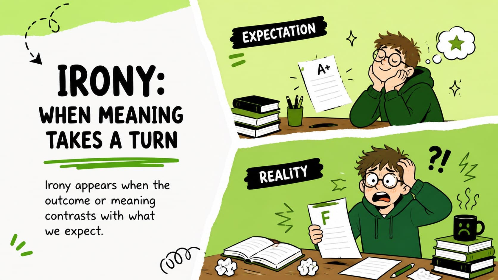 Definition slide explaining irony with an illustrated contrast between expectation and reality.