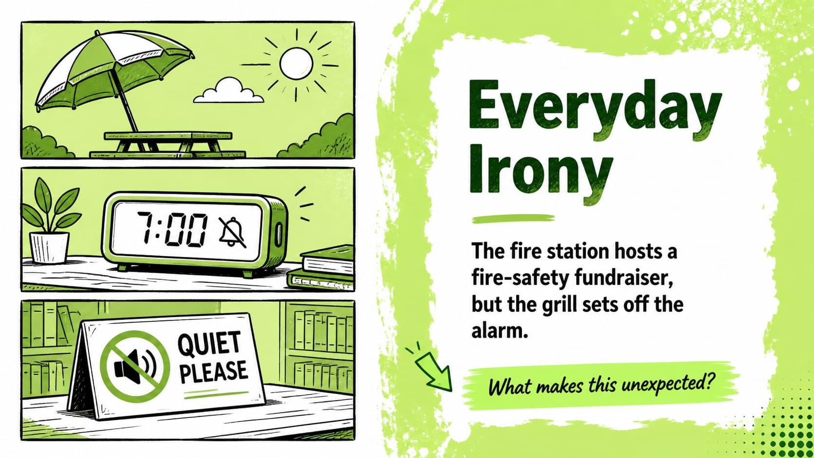 Example slide presenting an everyday irony scenario for middle school students.