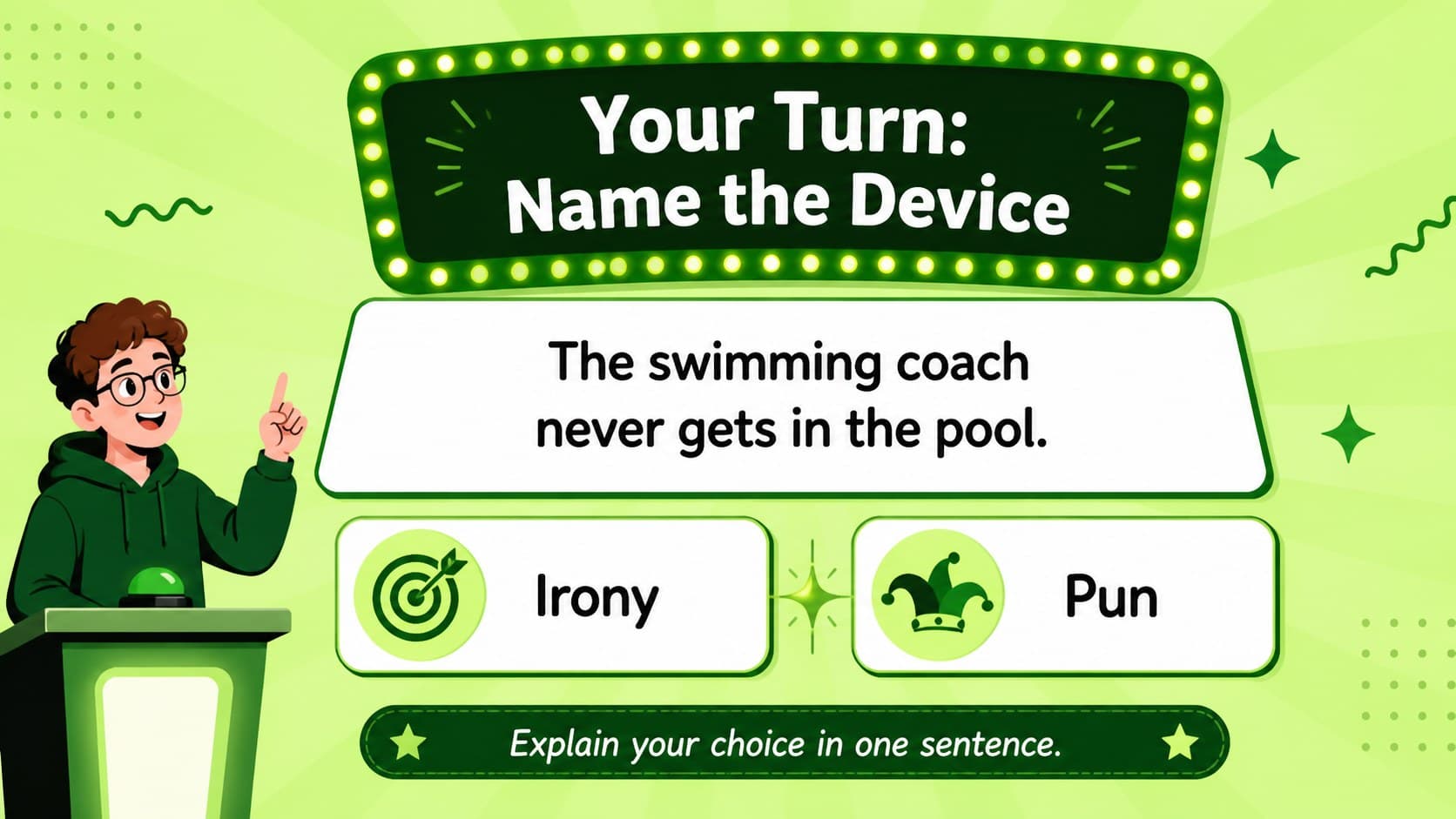 Interactive classroom activity slide for identifying irony and puns in short examples.