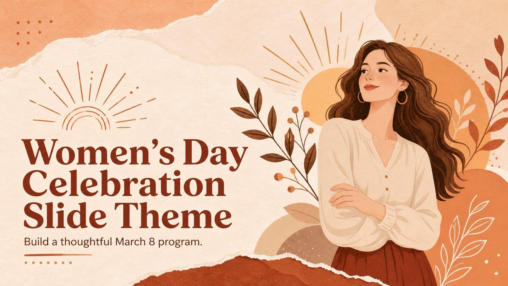 Cover for a Women's Day Celebration Slide Theme with warm brown illustrations and an elegant March 8 event title.