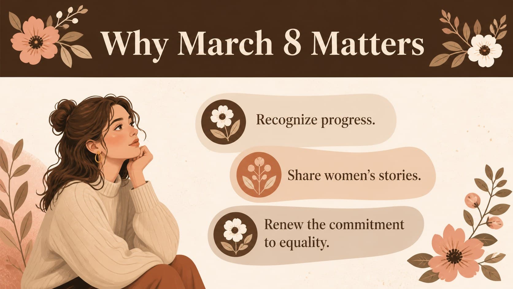 International Women's Day lesson slide explaining the meaning of March 8 with warm illustrated accents.