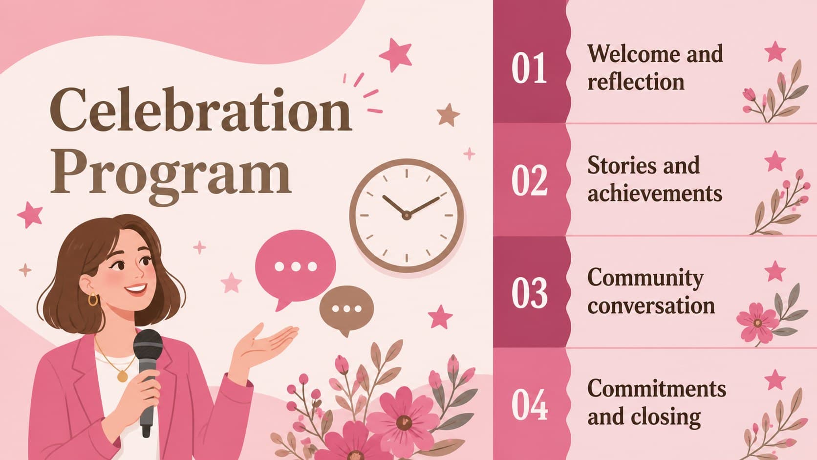 March 8 event presentation agenda with four coordinated program stages in a warm brown illustrated layout.