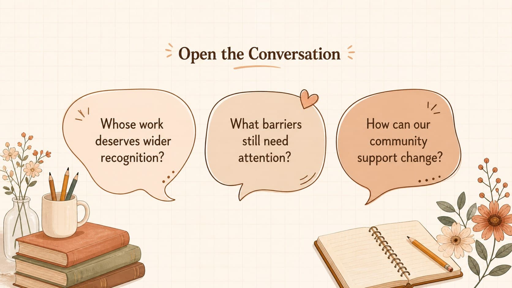 Women's achievements classroom slide featuring three discussion prompts in a clean brown illustrated design.