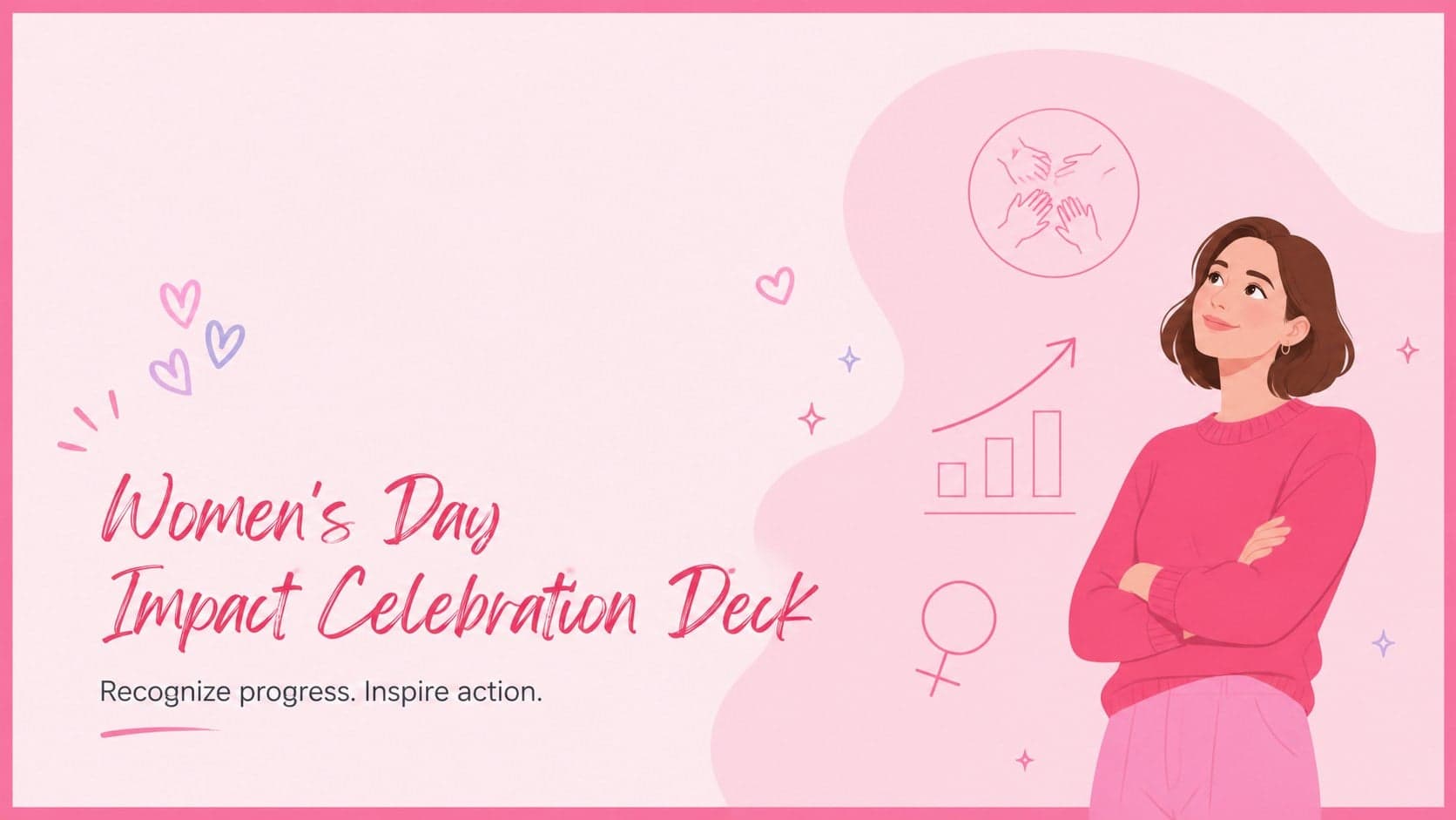 Pink minimalist cover slide for a women's day celebration presentation with elegant typography and abstract illustrated accents.