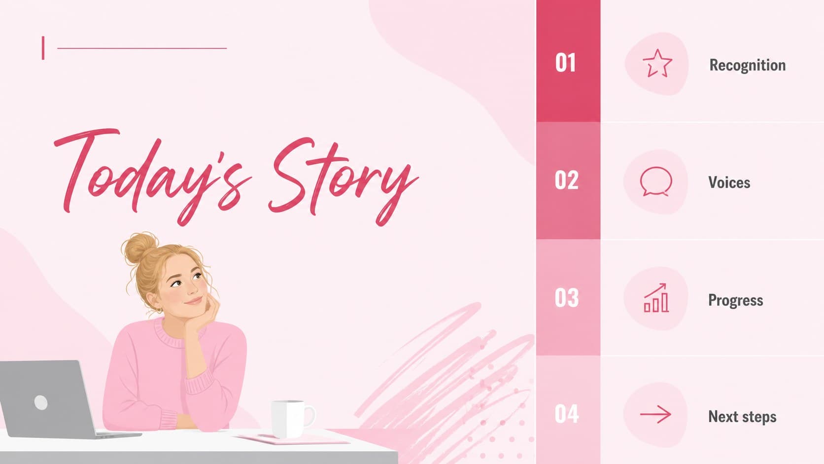 Minimal pink agenda slide outlining the sections of a women's day celebration presentation.
