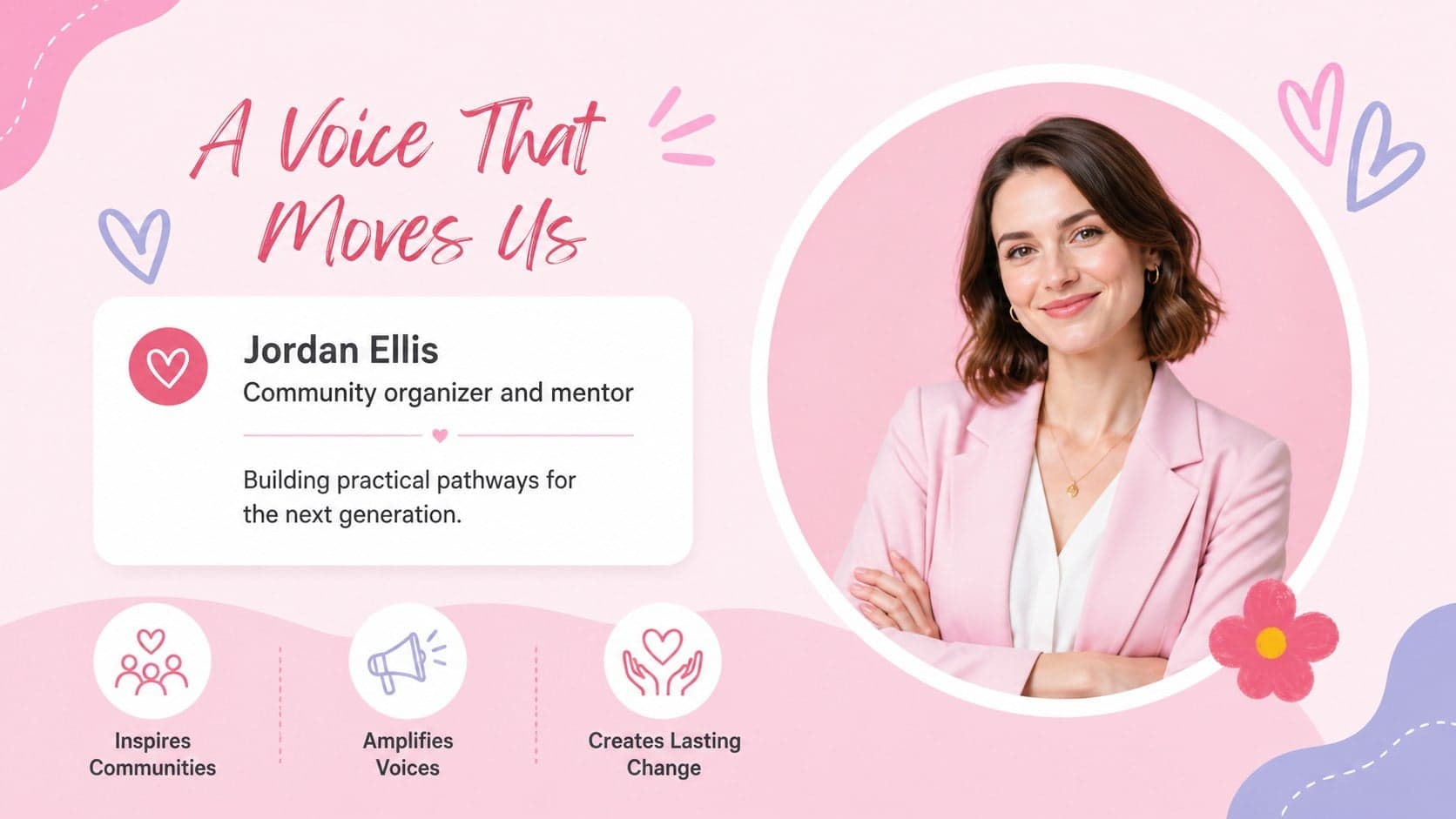Pink profile slide presenting a featured woman and her contribution to a recognition event.