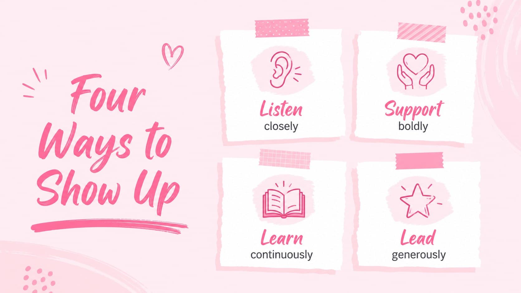 Pink illustrated values slide presenting principles for an inclusive women's day event.