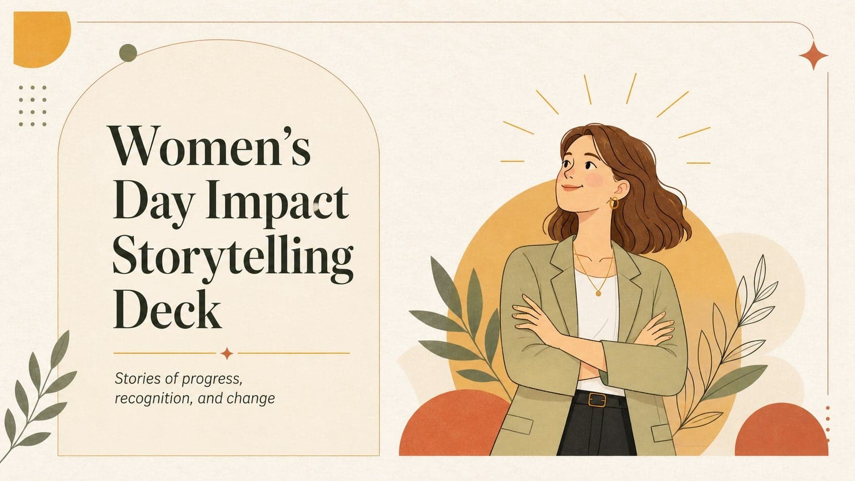 Warm illustrated cover slide for a women's day impact storytelling deck with bold typography, abstract shapes, and space for an event subtitle.