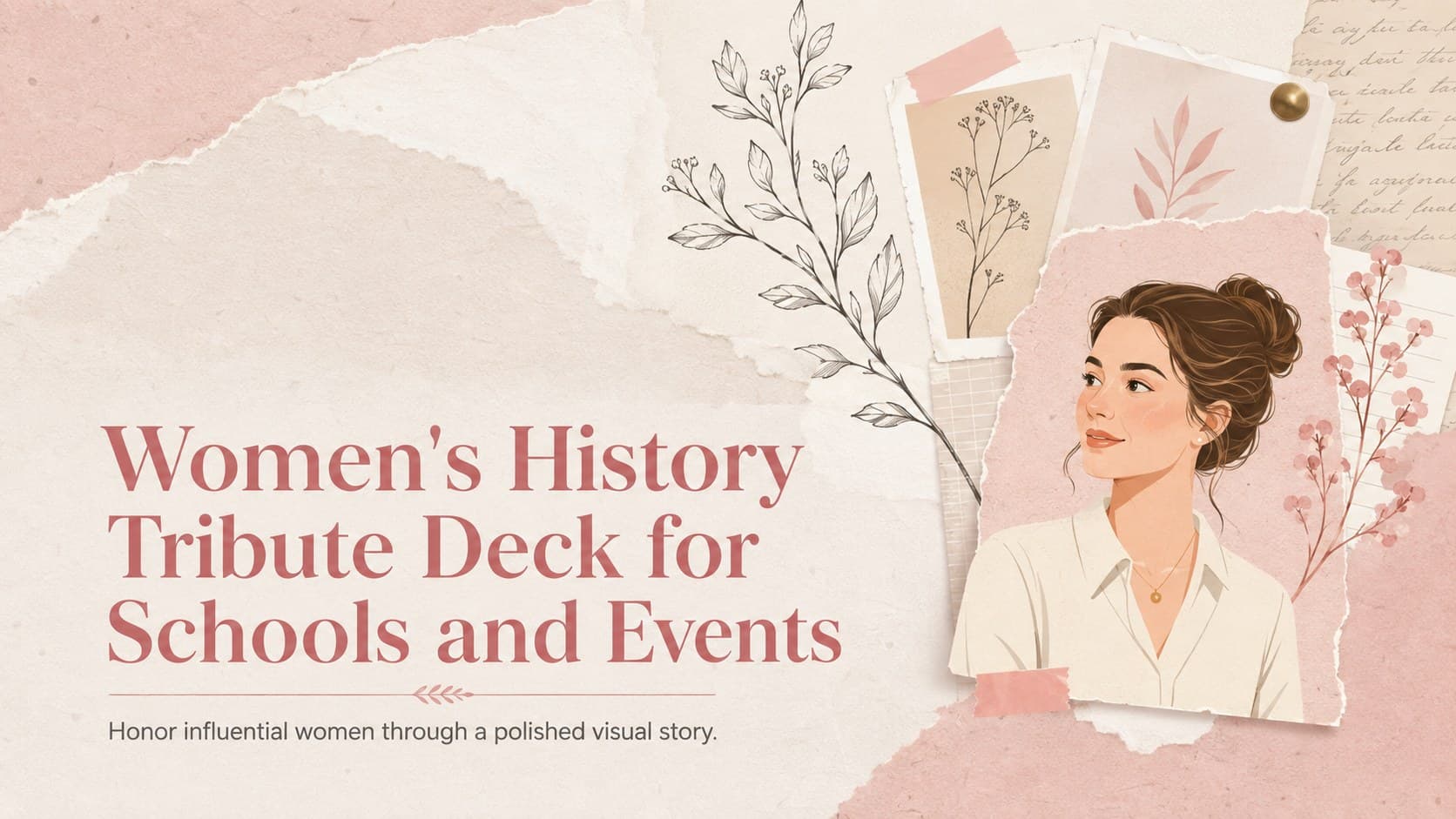 Cover of a Women's History Tribute Deck with elegant pink illustrations and a school and events subtitle.