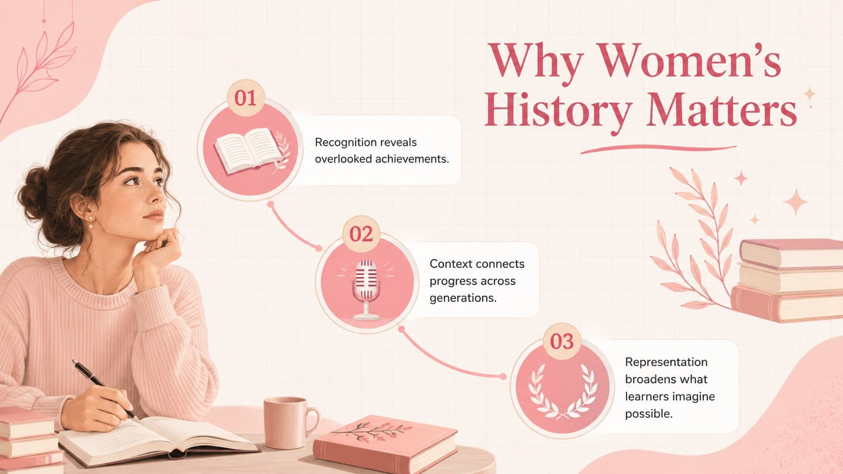 Women's history lesson slide explaining why recognition, context, and representation matter.