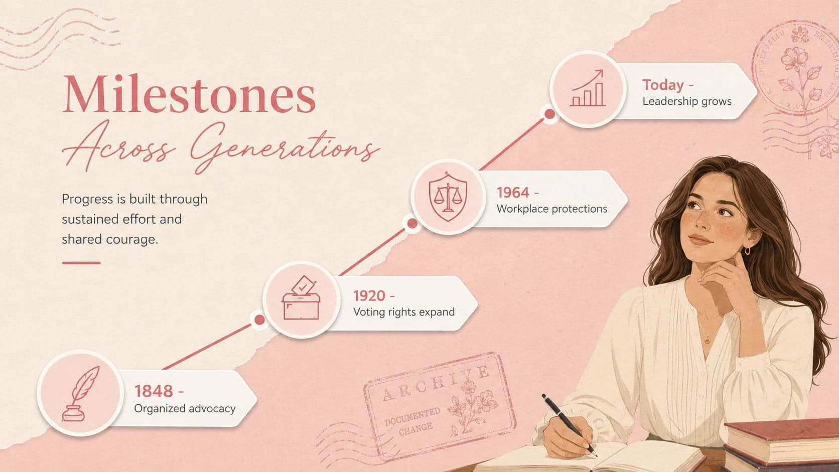 Historical women timeline slide highlighting education, voting rights, leadership, and innovation milestones.
