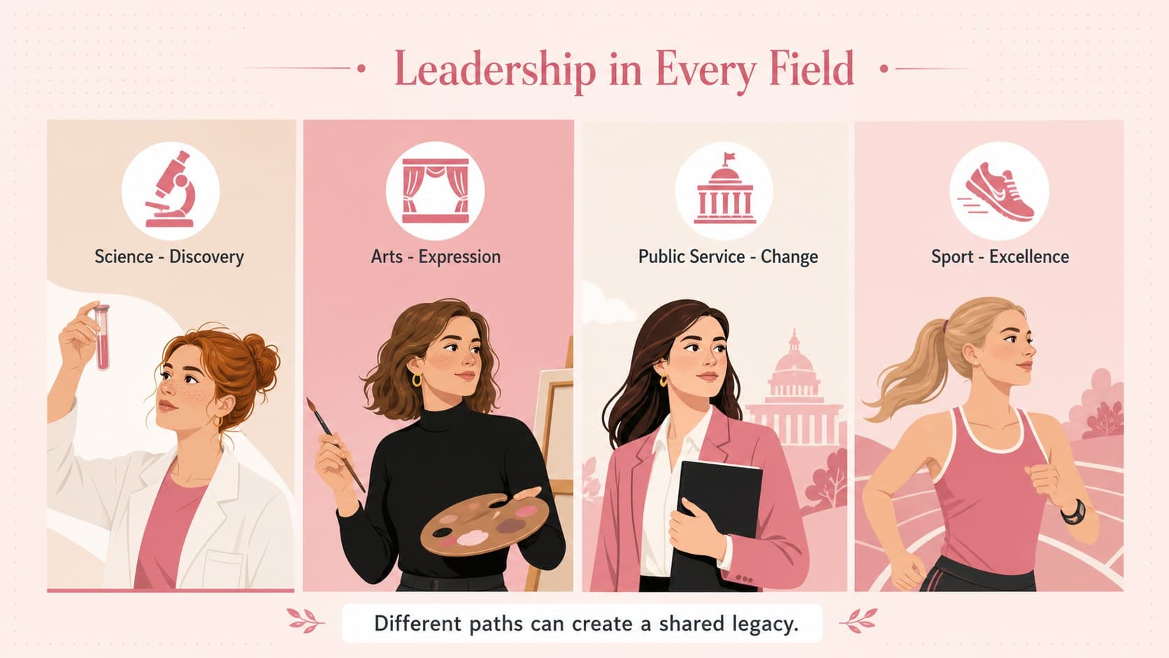 Women leaders classroom presentation slide comparing achievements in science, arts, service, and sport.