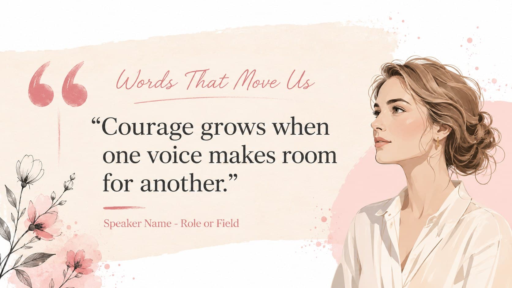 Women's history quote slide with a large message about courage and space for a cited speaker.