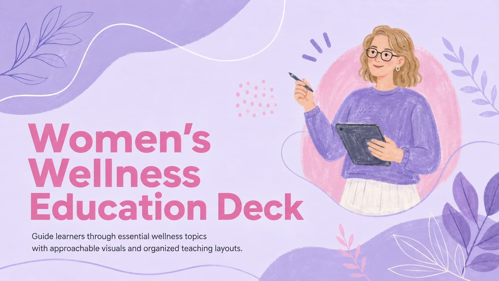 Cover of the Women's Wellness Education Deck with pastel purple botanical shapes and an original illustrated educator.