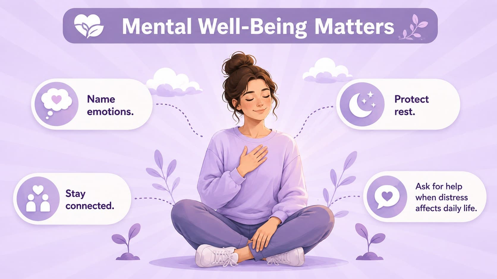 Mental well-being slide with an original illustrated woman and four supportive self-care strategies.