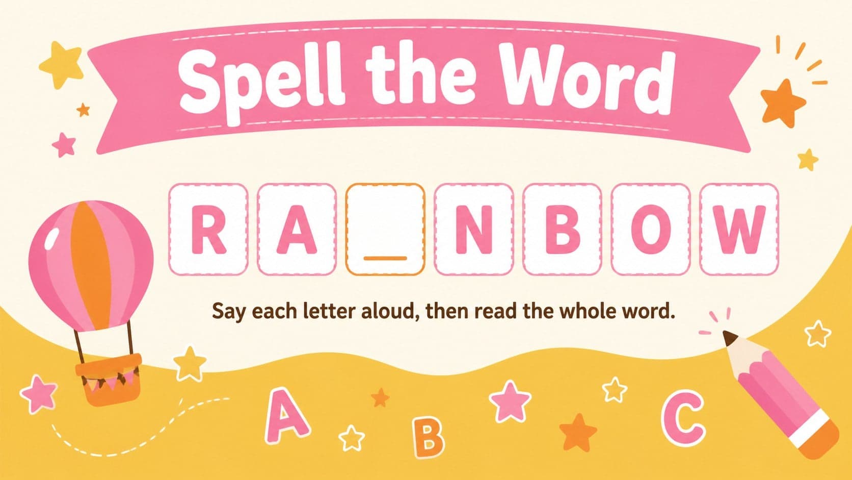 Elementary spelling game presentation slide asking learners to complete the word rainbow.