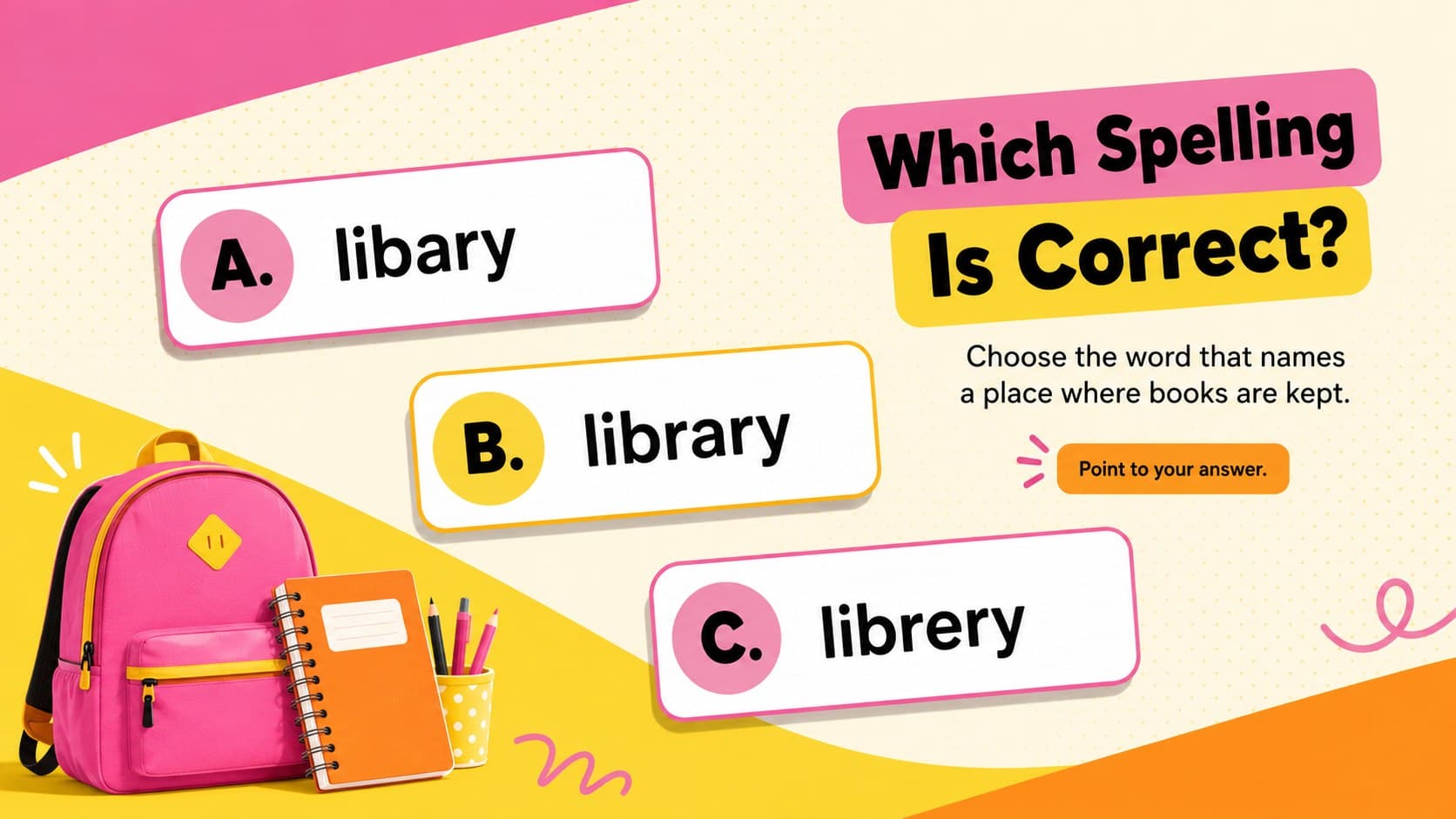 Interactive spelling challenge slide with three colorful answer choices for identifying the correctly spelled word.