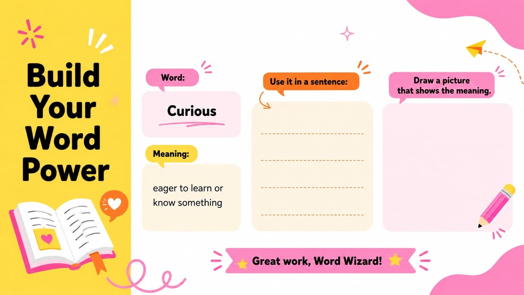 Classroom vocabulary review deck slide with a word, definition, sentence prompt, and drawing space.