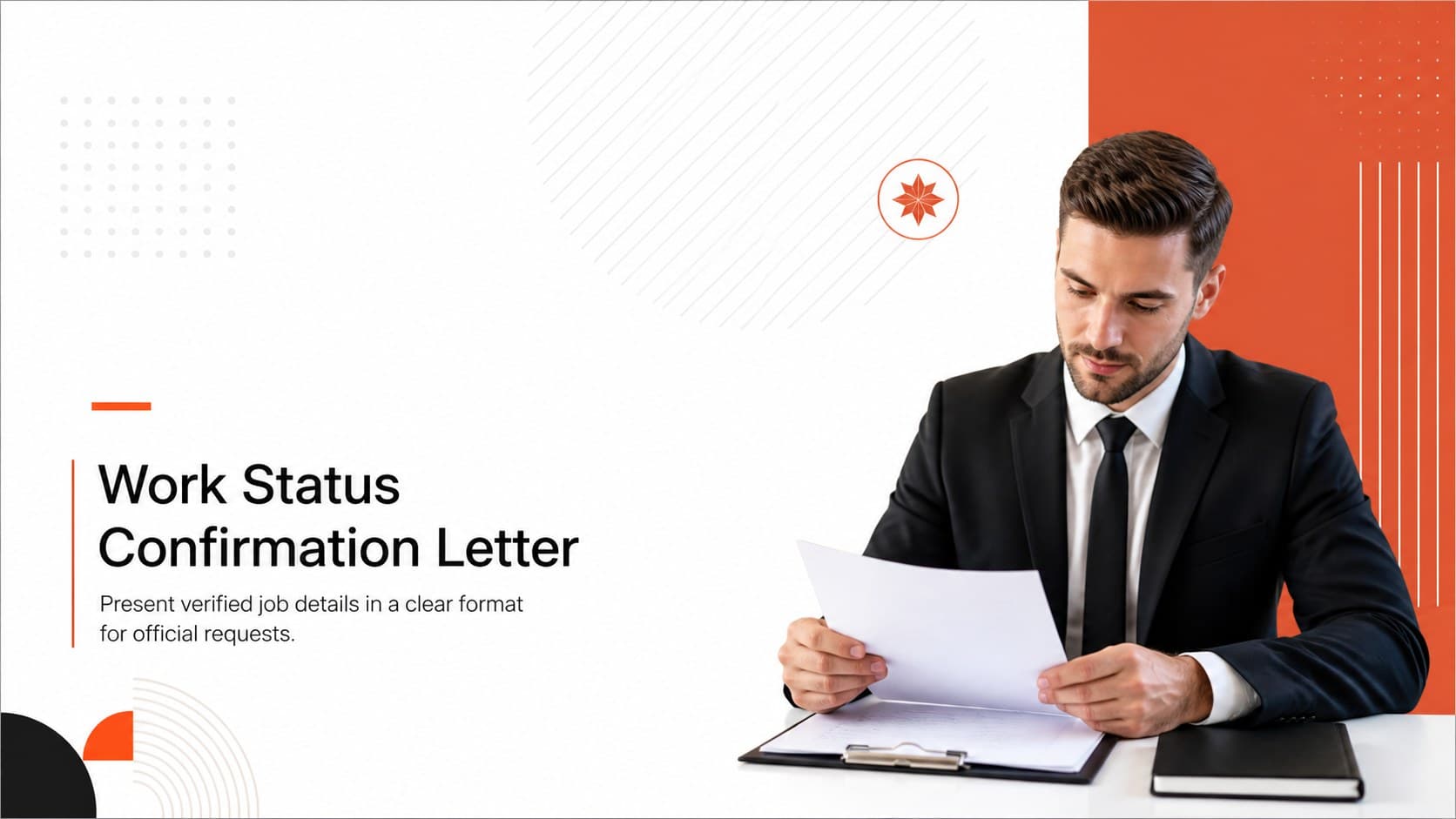 Cover for a Work Status Confirmation Letter in a minimalist black, orange, and white business style.