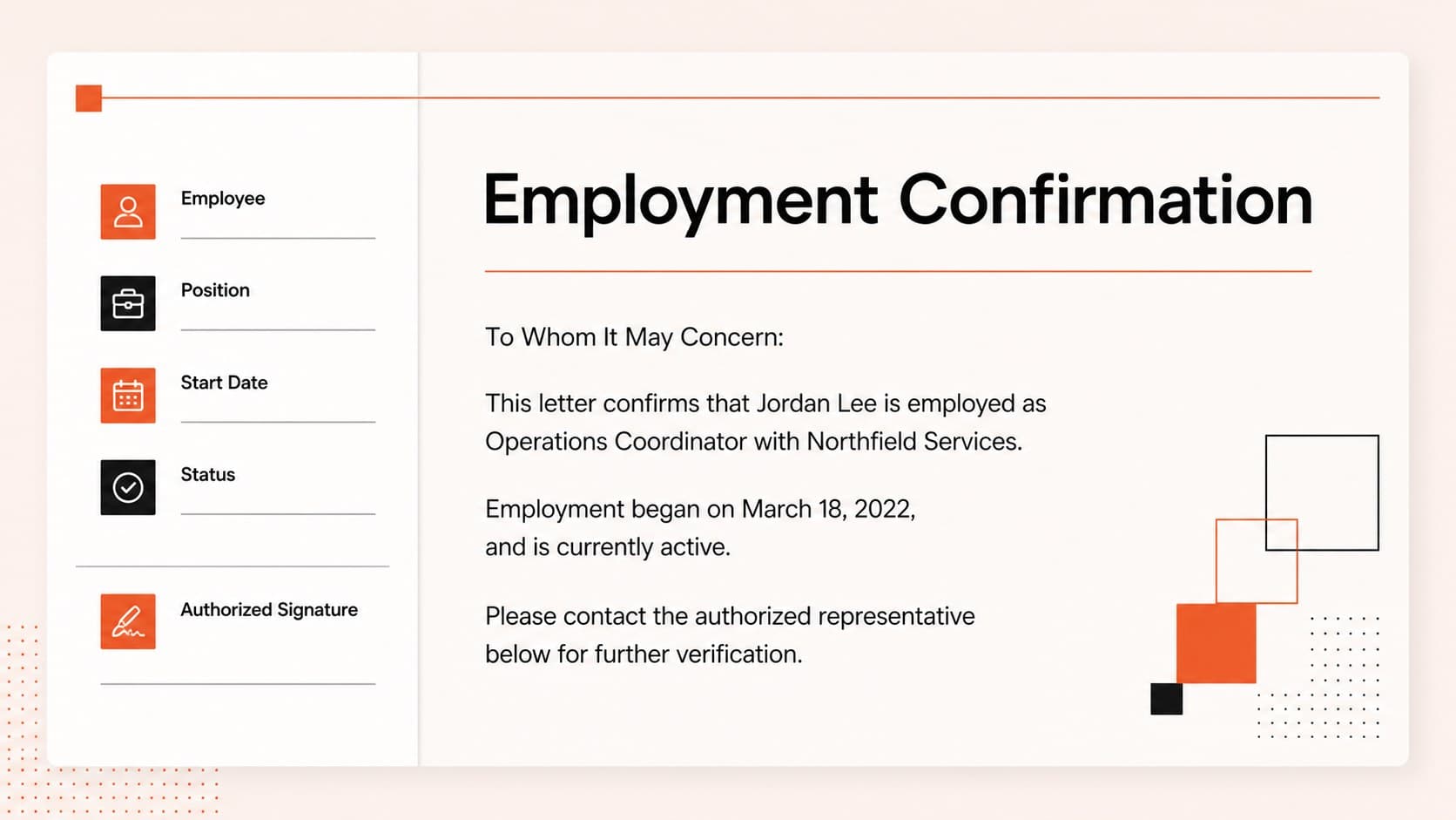 Editable employment confirmation letter layout with recipient, job status, and authorization fields.