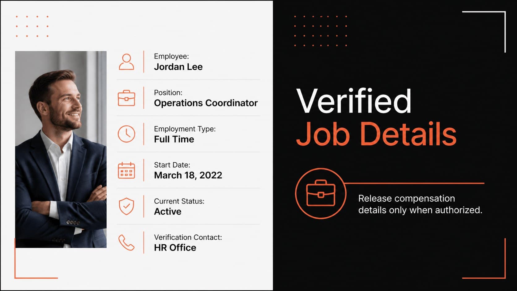 Job details summary slide for a professional work verification document with structured employee fields.