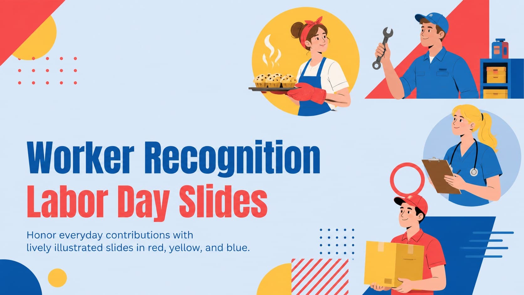 Cover for Worker Recognition Labor Day Slides with cheerful workplace illustrations in red, yellow, and blue.