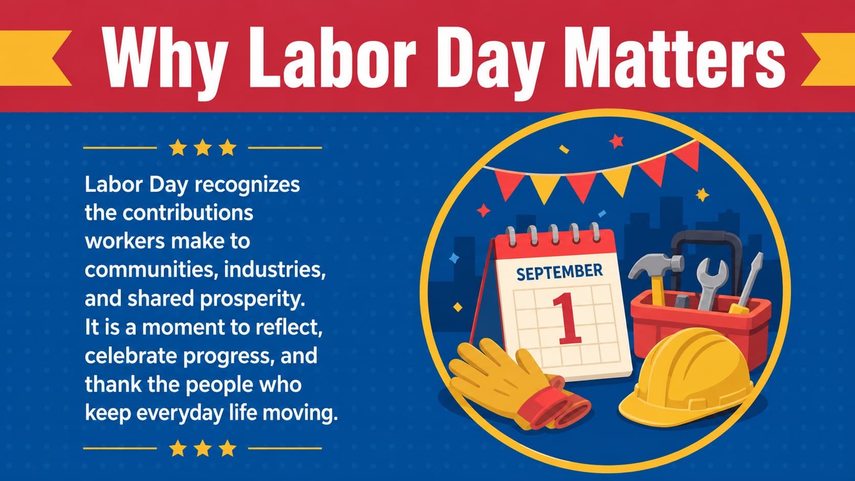 Illustrated Labor Day history slide explaining the holiday's purpose and worker contributions.