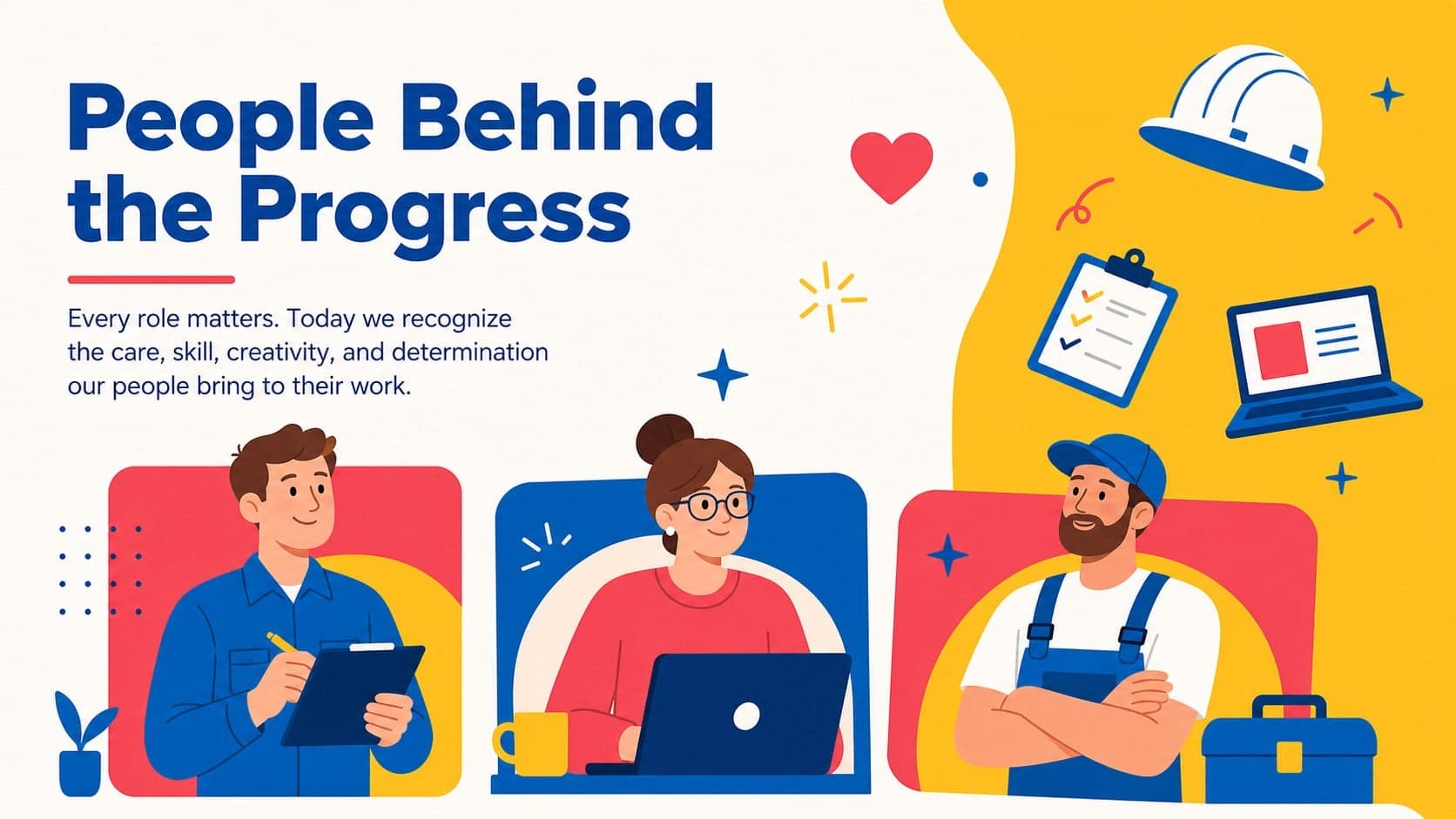 Employee appreciation slide featuring three original illustrated workers and short recognition messages.