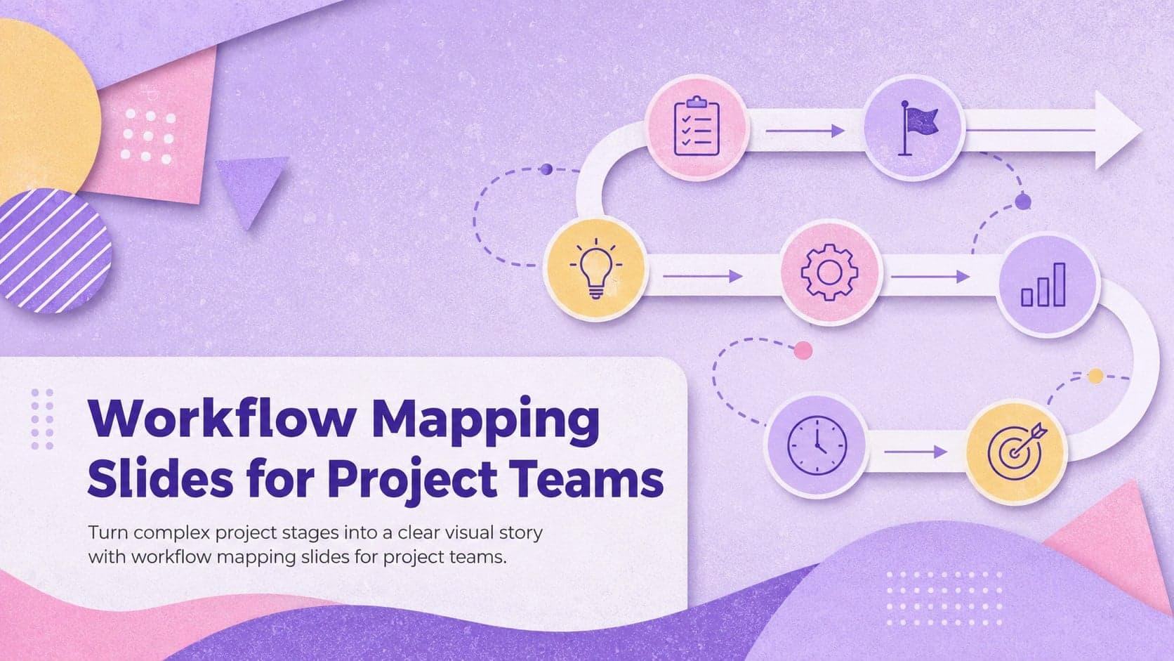 Cover slide for workflow mapping slides showing a purple Risograph project process graphic with a clear title and abstract route markers.