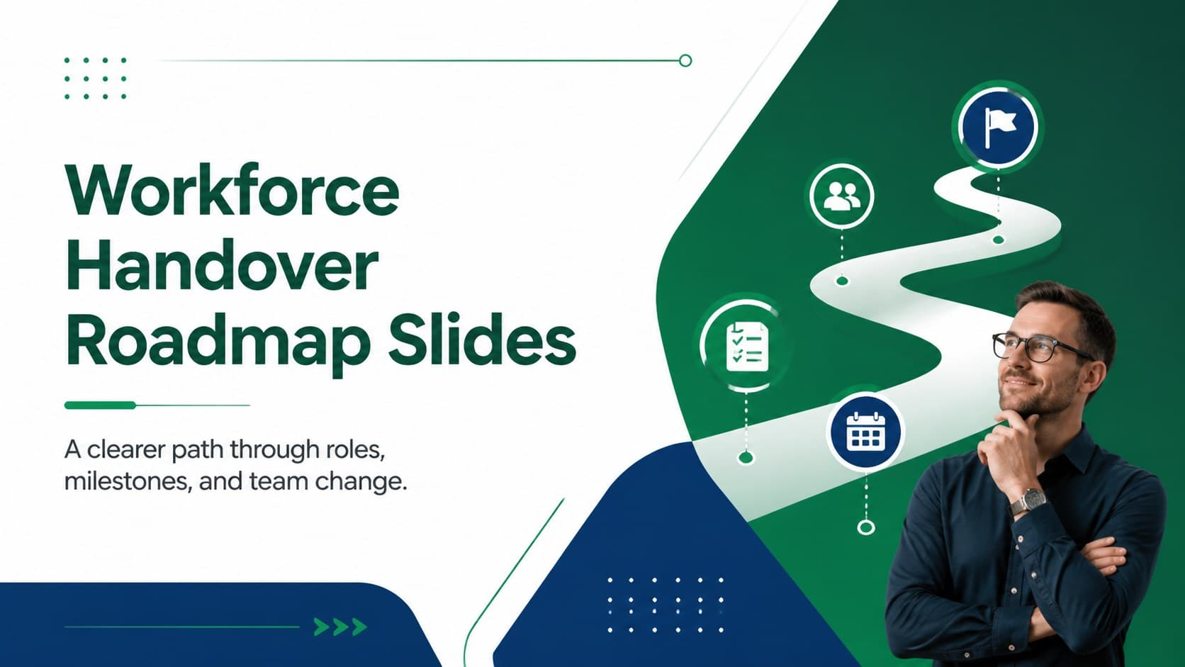 Cover slide for a workforce handover roadmap slides template with a modern green, white, and blue infographic design.