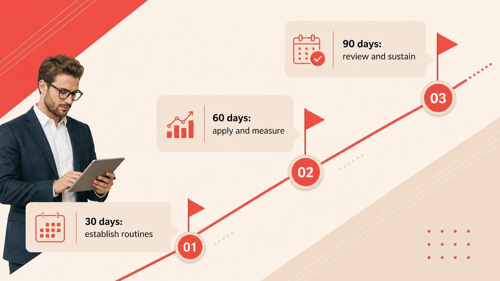 A 30 60 90 day workforce plan timeline in beige and red.