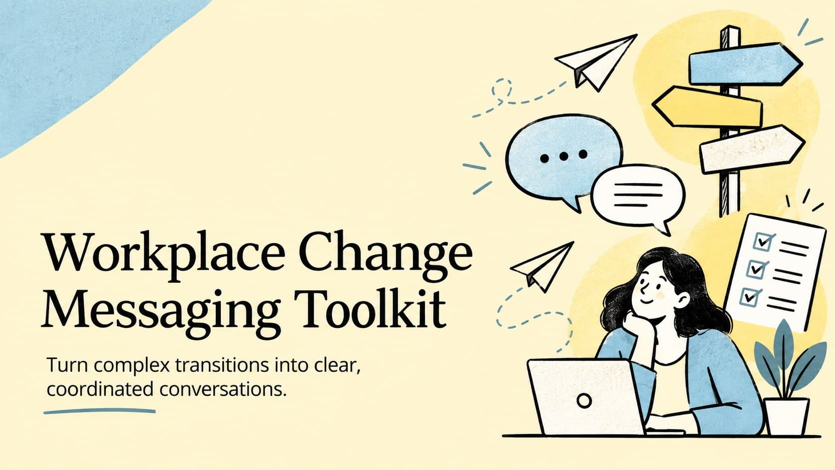 Cover of the Workplace Change Messaging Toolkit with yellow and blue doodle graphics.