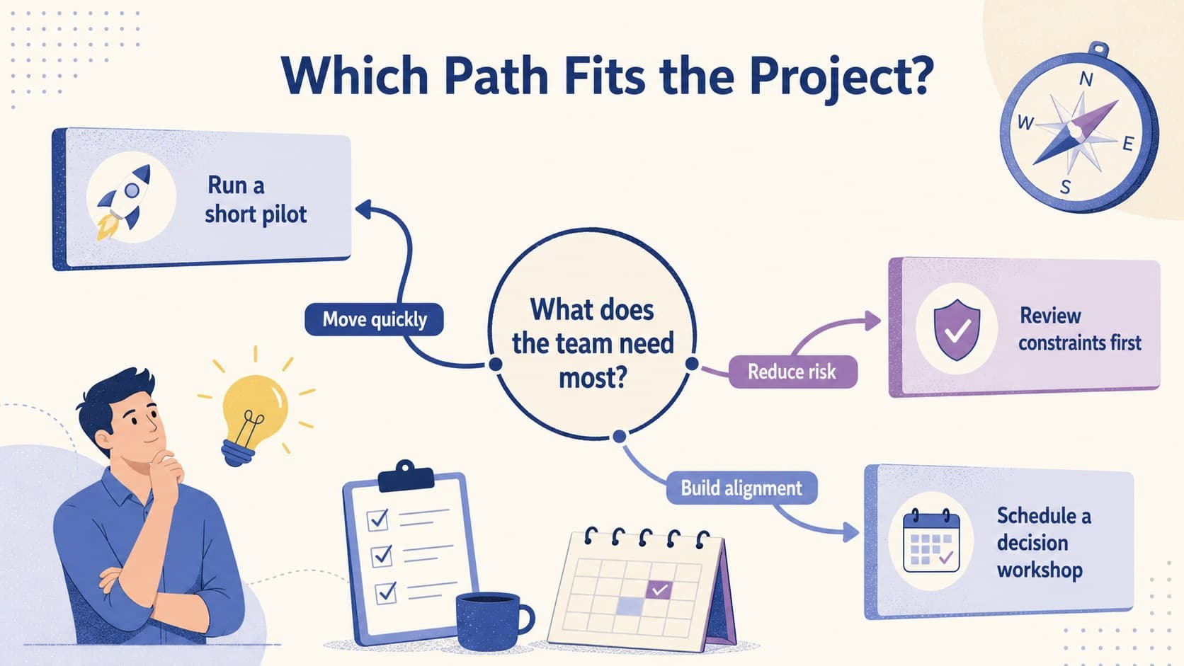 Team decision flowchart slide mapping three workplace options to practical outcomes.