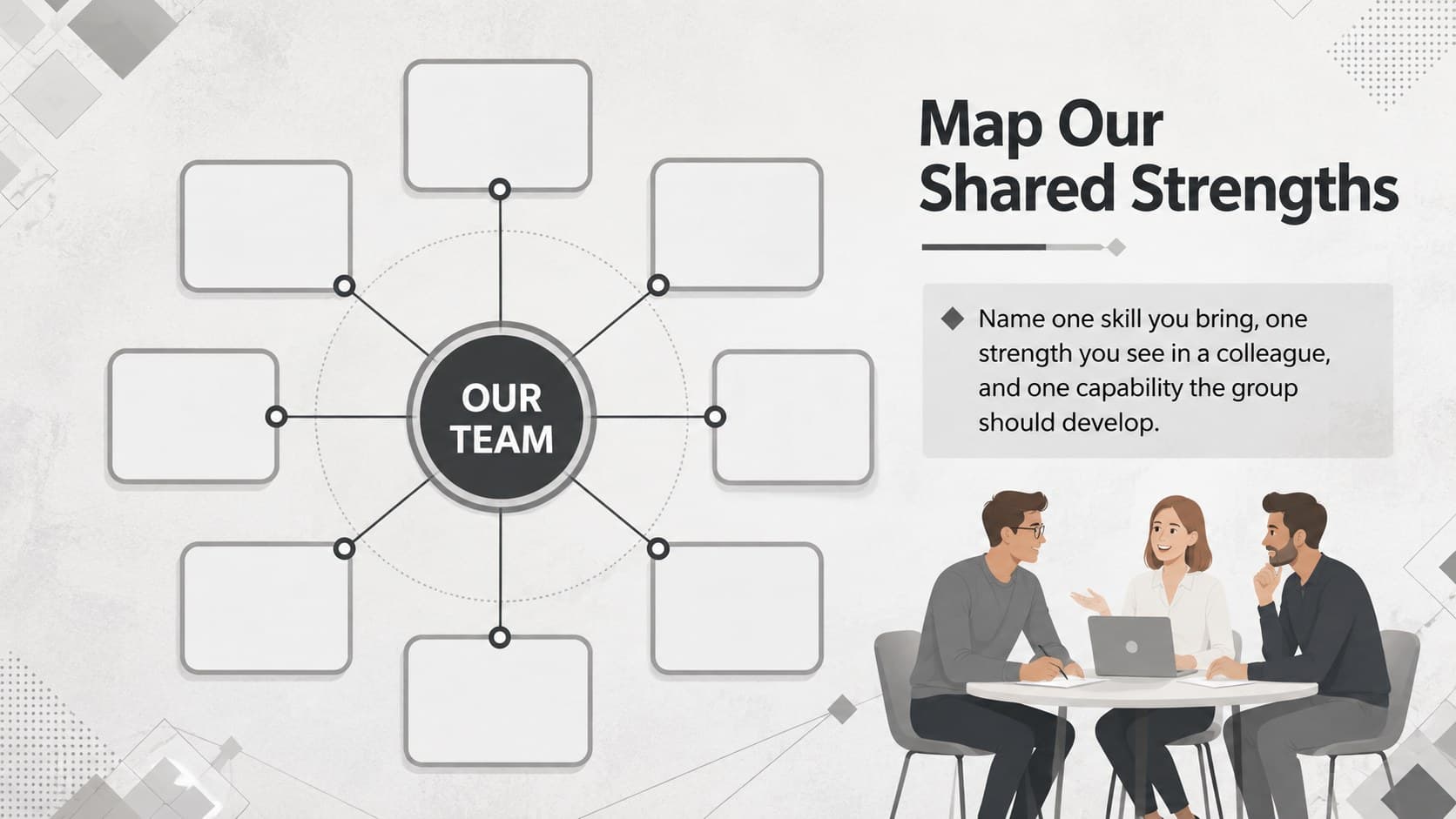 Editable team bonding presentation slide with a shared-strengths mapping activity.