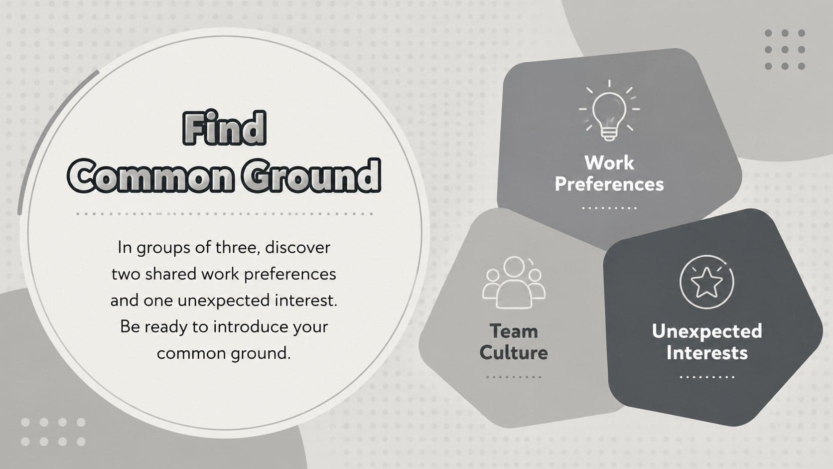 Corporate group activity slide guiding colleagues through a common-ground exercise.