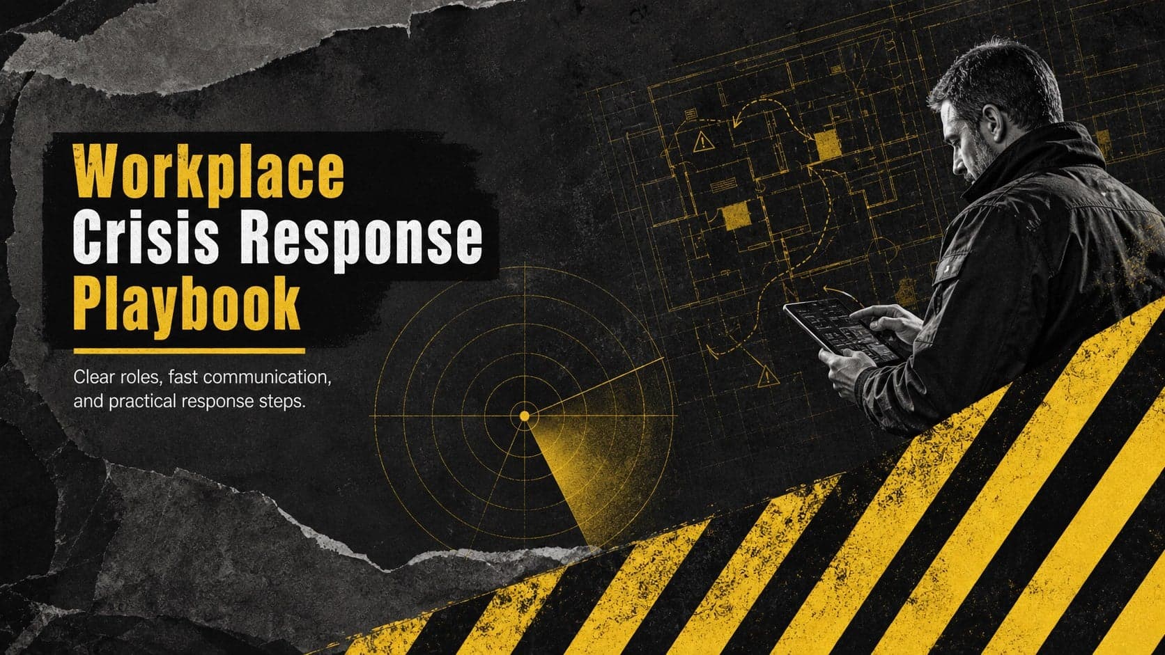Cover of the Workplace Crisis Response Playbook featuring bold black-and-yellow emergency graphics and rugged professional typography.