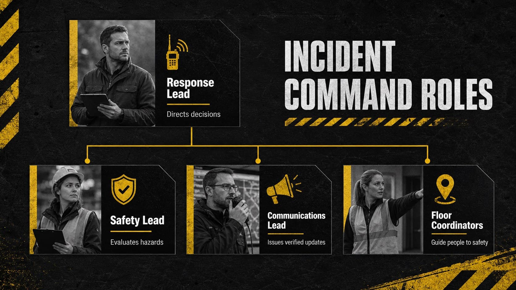 Incident command roles presentation slide mapping the responsibilities of the response lead, safety lead, communications lead, and floor coordinators.