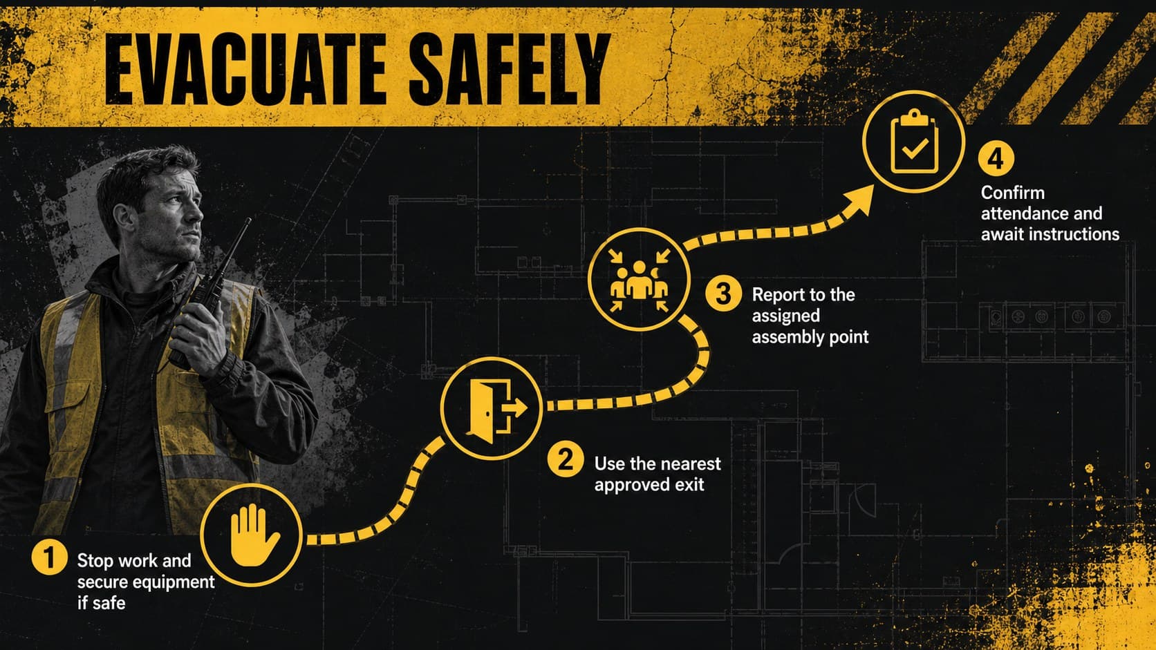 Employee evacuation procedure slide presenting a four-step route from alarm recognition to assembly-point accountability.