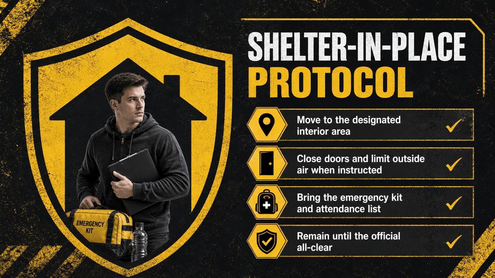 Workplace disaster readiness template slide explaining shelter locations, supplies, communication, and release procedures.