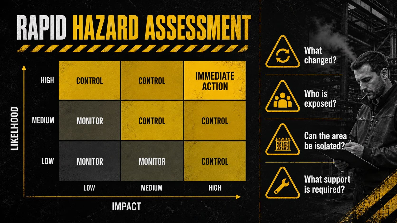 Black and yellow safety presentation slide featuring a practical hazard assessment matrix for likelihood and impact.