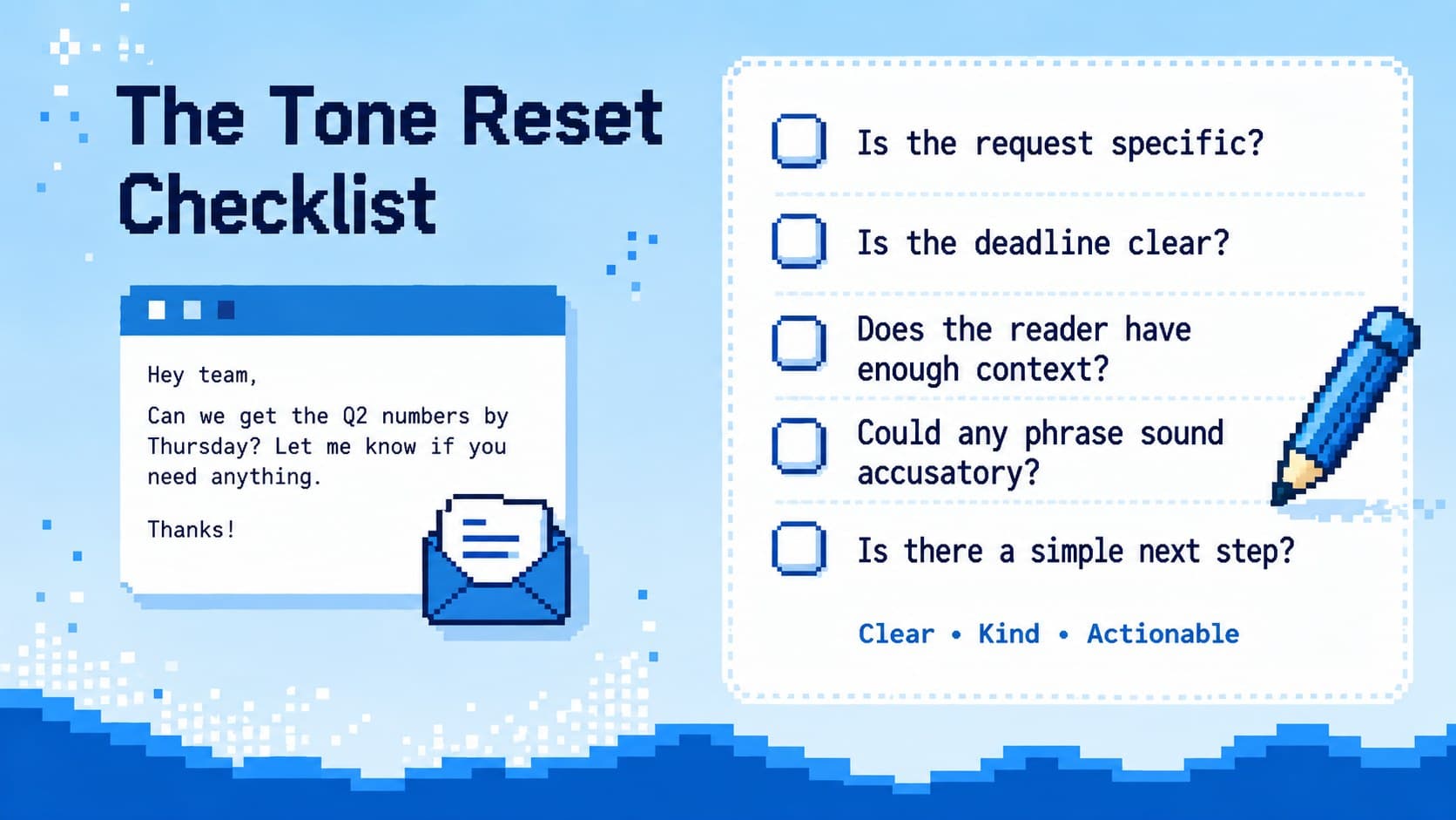 Email wording checklist slide for writing clear and respectful workplace messages.