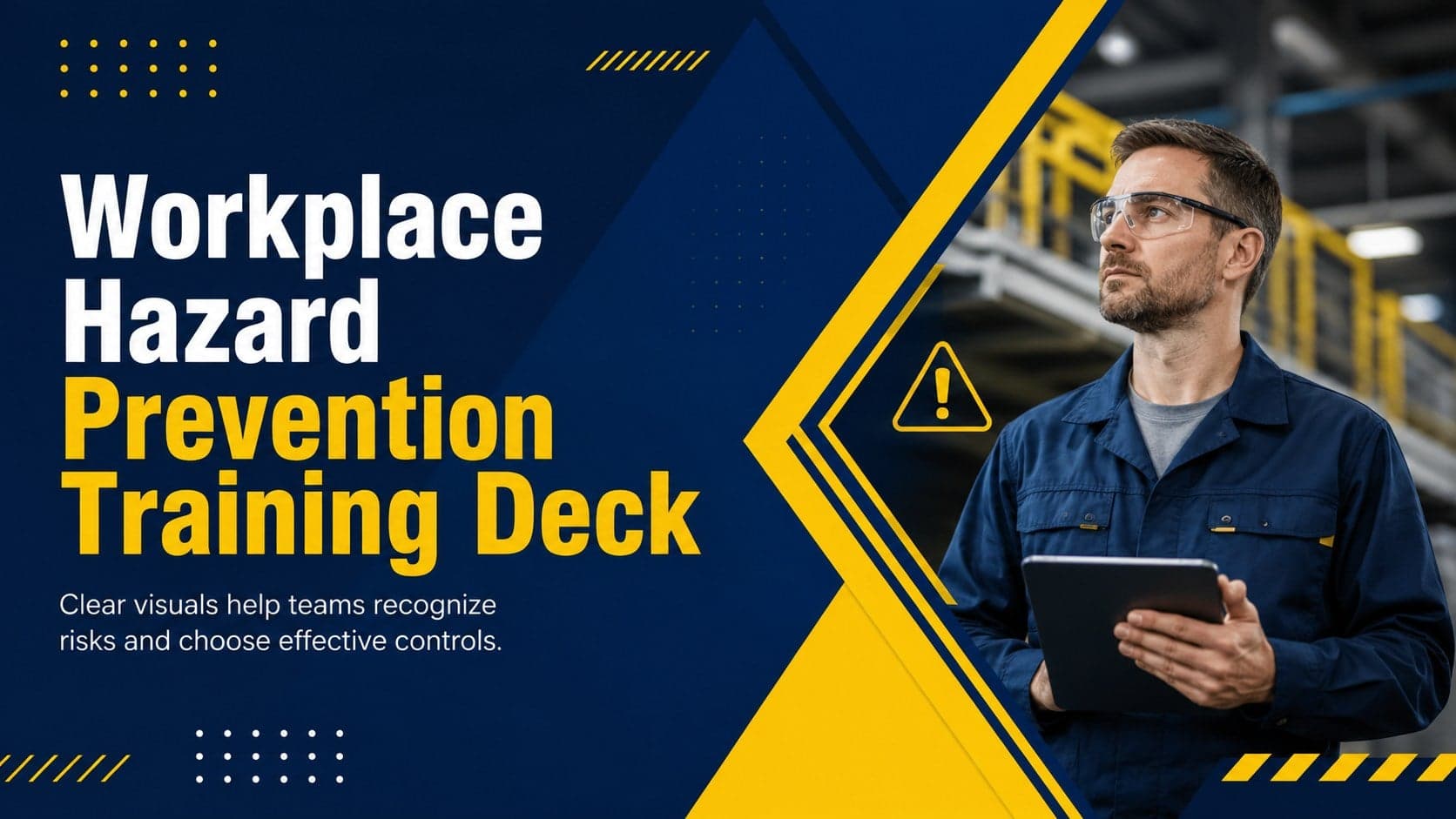 Blue and yellow cover for a workplace hazard prevention training deck with bold modern typography.