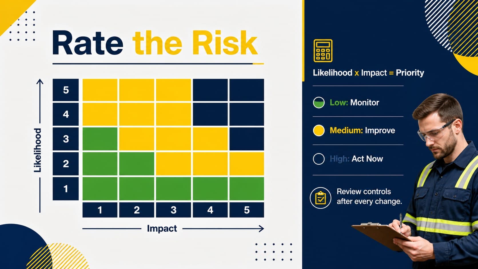 Industrial risk assessment slide featuring a likelihood and impact matrix with action priorities.