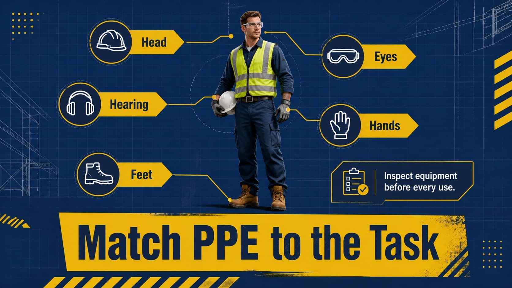 Personal protective equipment training slide with helmet, eye, hand, hearing, and footwear guidance.