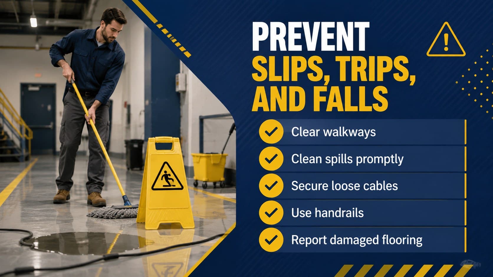 Workplace hazard prevention slide with a checklist for avoiding slips, trips, and falls.