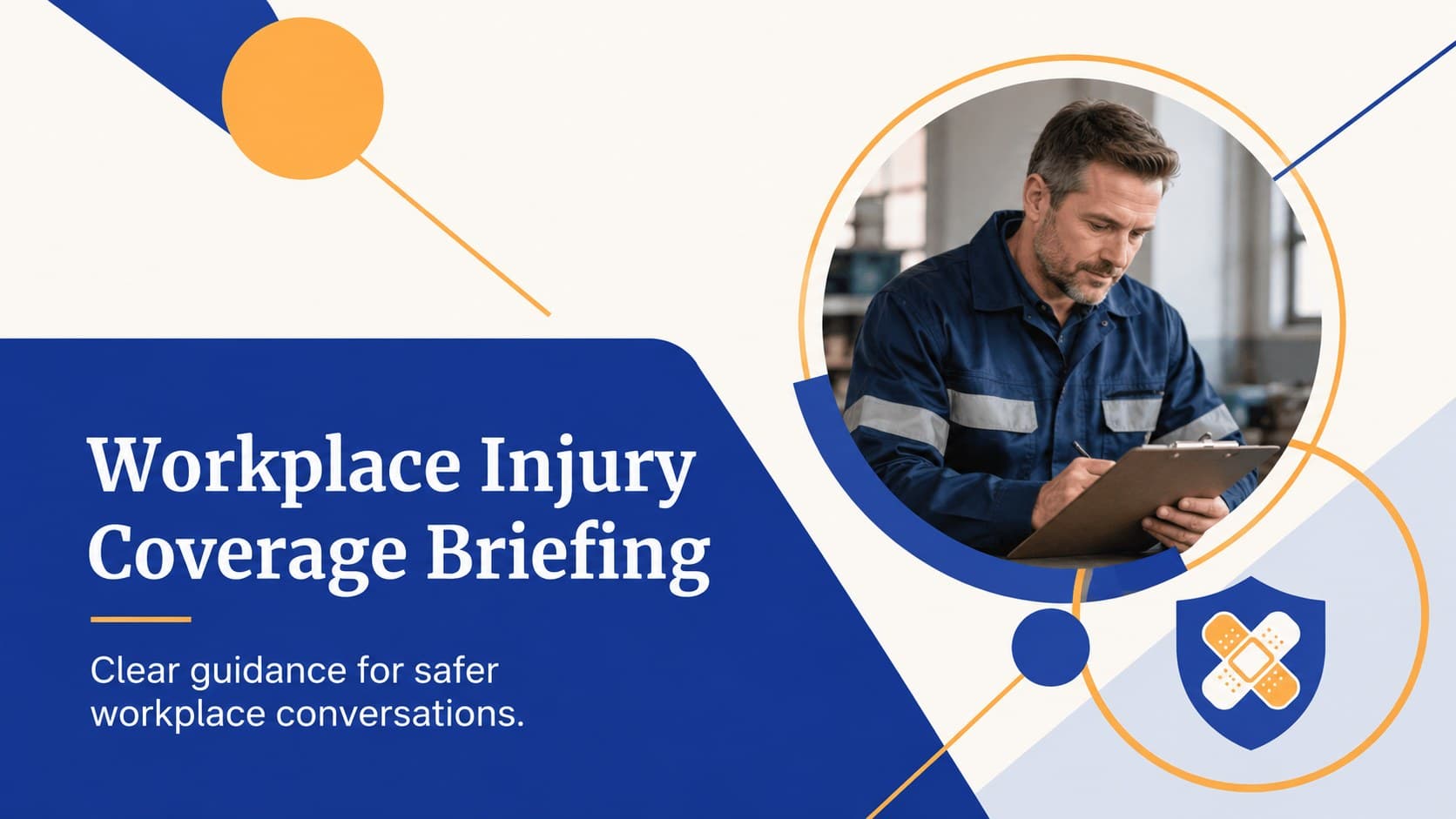 Cover for a workplace injury coverage briefing with bold orange and blue geometric accents.