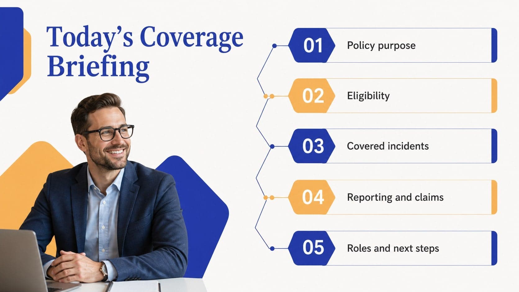 Orange and blue agenda slide outlining an occupational accident policy training deck.