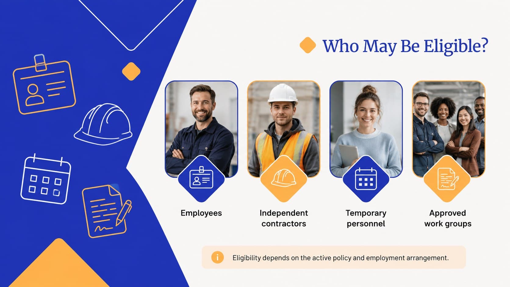 Employee accident coverage slide explaining eligibility for workplace protection.