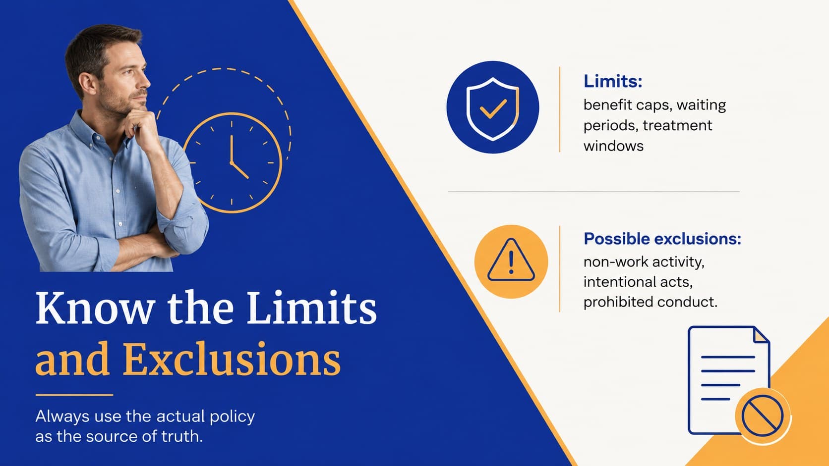 Business insurance slide comparing common policy limitations and exclusions.